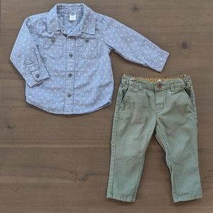 Long Sleeve Collared Blue Shirt & Green Pant Set